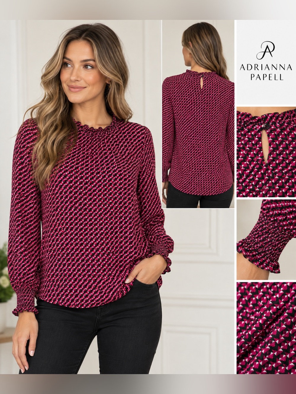 Adrianna Papell Magenta and Black Geometric Smocked-Neck Blouse